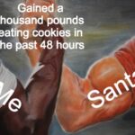 hilarious meme of the epic handshake about holiday weight gain and Santa