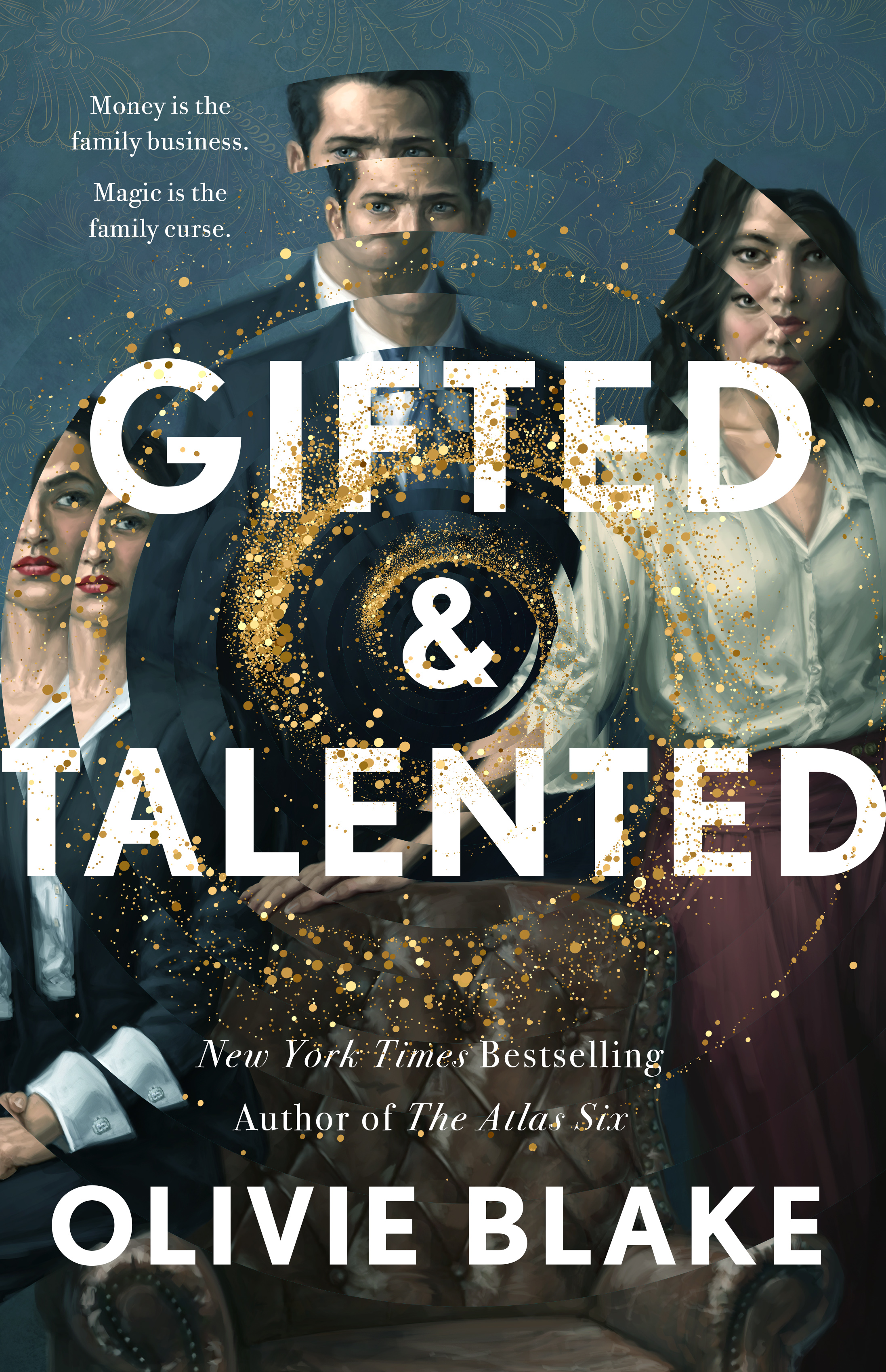 A book cover featuring three young adults standing behind and empty chair, their images distorted by a swirl. The title is Gifted & Talented.