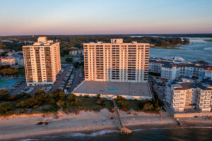 Aerial View of Condos by the Beach on the Chesapeake Bay in Virginia Beach at Sunset