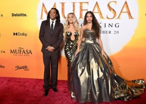 From left: Rapper Jay-Z, singer Beyoncé and daughter Blue Ivy Carter attend the Los Angeles premiere of Disney's "Mufasa: The Lion King" at the Dolby Theatre on Monday, Dec. 9, in Los Angeles, California.