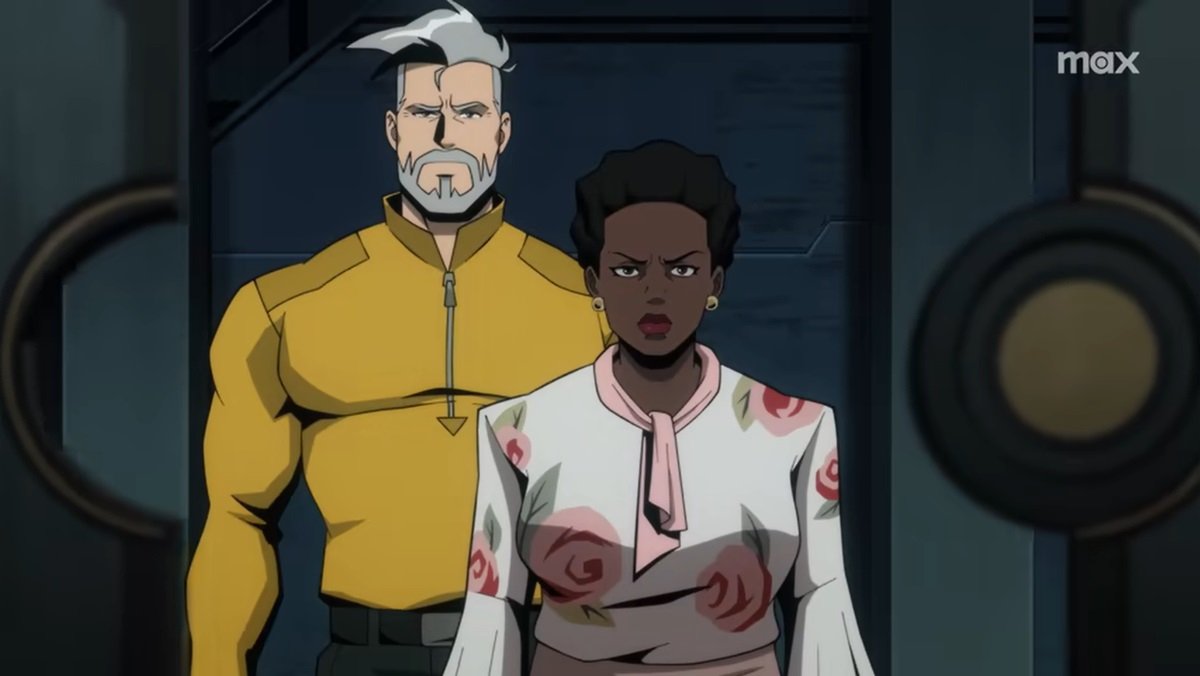 Rick Flag and Amanda Waller take an elevator in Creature Commandos.