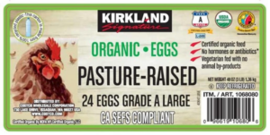 Label showing Costco's Kirkland brand organic pasture-raised eggs