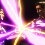 Agatha and Kringo shake hands and purple and yellow beams shoot out in What If season 3