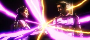 Agatha and Kringo shake hands and purple and yellow beams shoot out in What If season 3