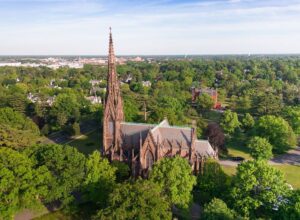 Aerial view of historic landmark Cathedral of the Incarnation in Garden City, Long Island, New York,