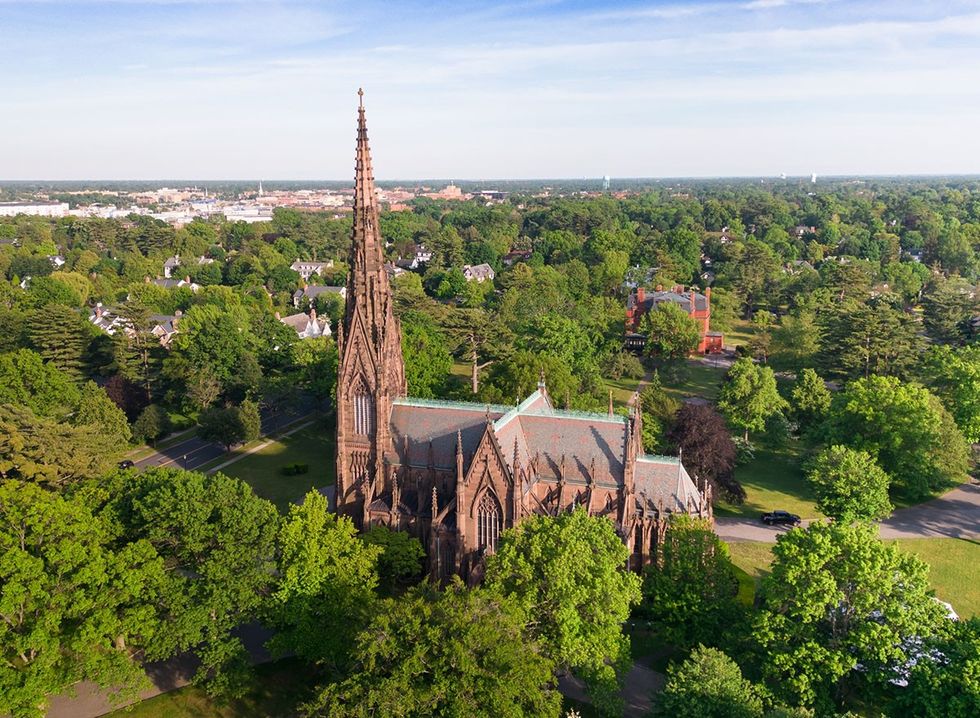 Aerial view of historic landmark Cathedral of the Incarnation in Garden City, Long Island, New York,