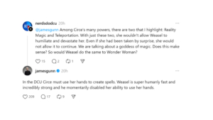 A screenshot of James Gunn response to a fan on Threads about Circe vs. Weasel in Creature Commandos Season 1