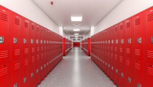 hallway with red lockers