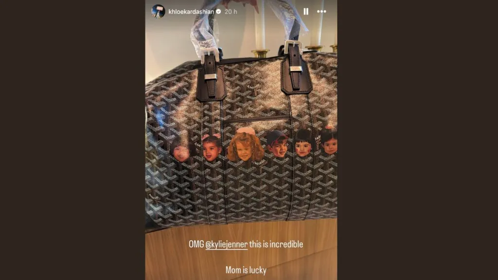 A Goyard bag with pictures of the Kardashian Jenner kids