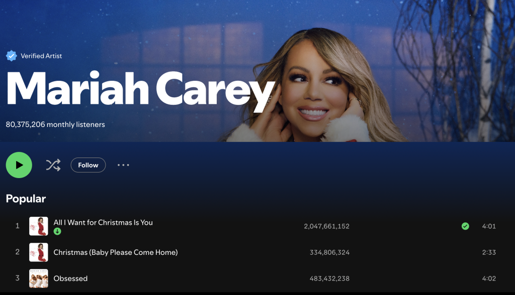 Mariah Carey's two billion streams