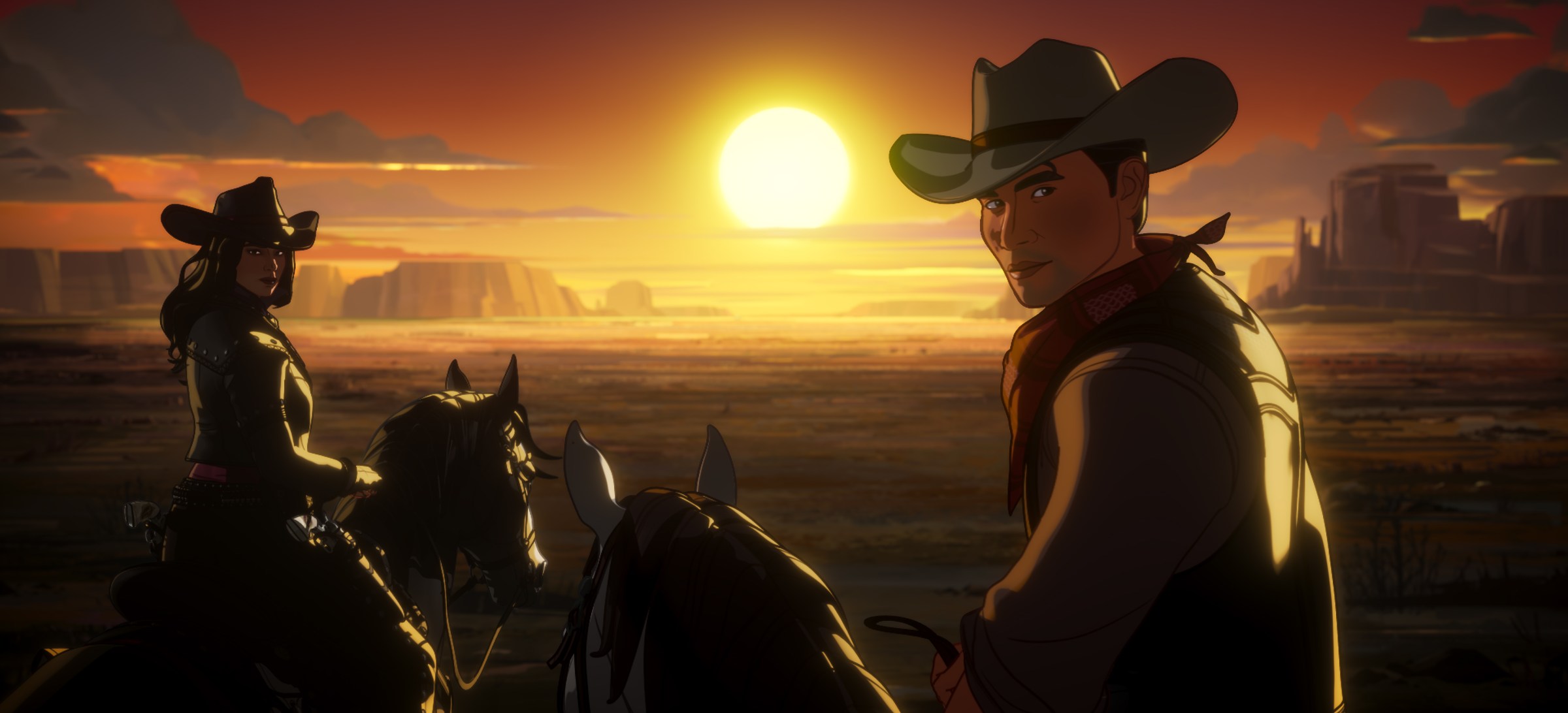 Two characters from What If…? season 3 on horseback, looking back at the camera as they ride off into the sunset in a Western-inspired episode