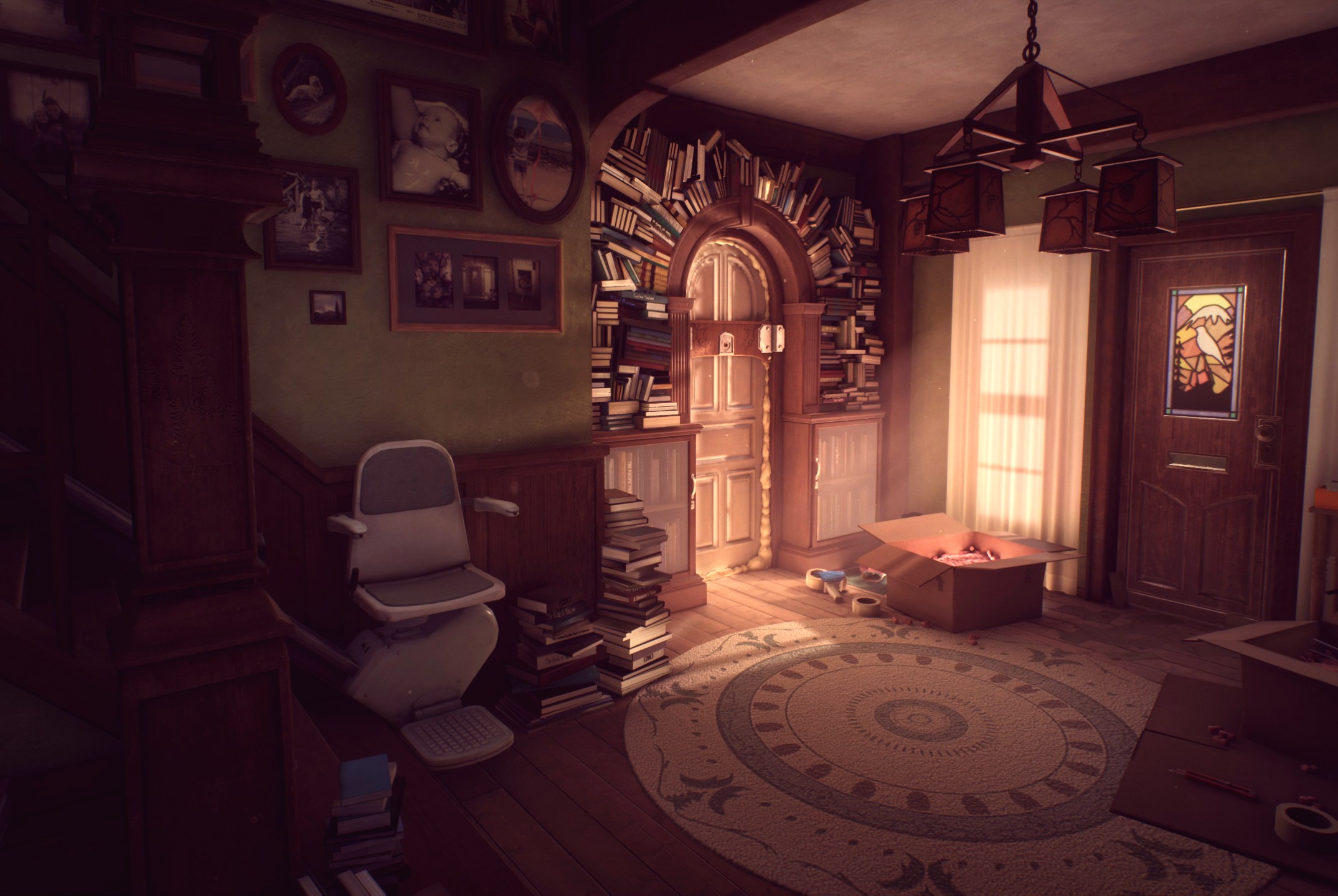 A view of a cluttered hallway with a stair lift in What Remains of Edith Finch