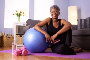 older woman in workout room.