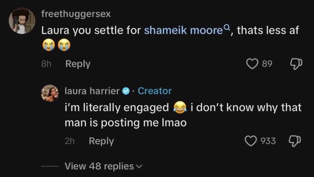 Laura Harrier TikTok response dismissing relationship with Shameik Moore.