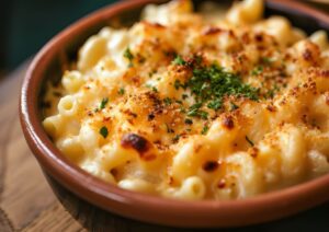 Bowl of creamy macaroni and cheese on table