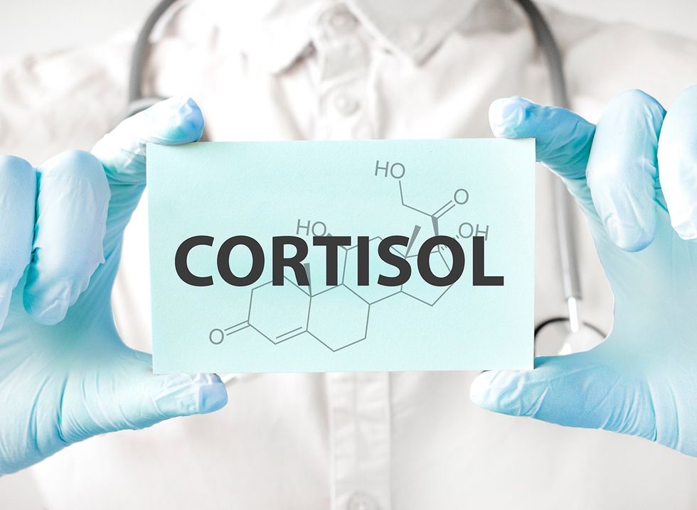 Doctor's gloves holding a sign that reads, 'CORTISOL'