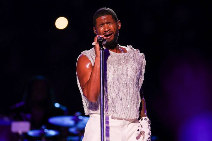 Usher performs Feb. 11 during halftime of the Super Bowl, between the Kansas City Chiefs and the San Francisco 49ers, at Allegiant Stadium in the Las Vegas area.