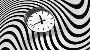 time travel clock on striped motion pattern in black and white