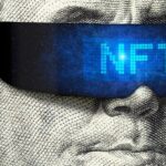 NFT token and money Franklin on 100 dollar bill with cyber glasses