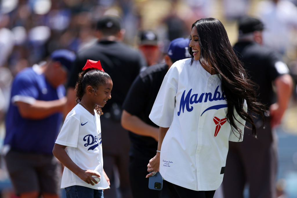 Vanessa Bryant and Bianka Bella Bryant attend Tampa Bay Rays v Los Angeles Dodgers