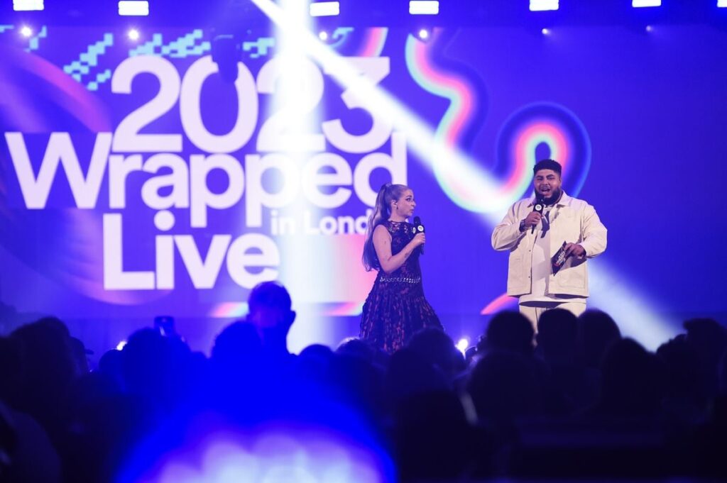 Harriet Rose and Big Zuu celebrate 2023 at Spotify Wrapped Live in London featuring performances from Sam Smith, Charli XCX, Chase & Status, and more on November 30, 2023