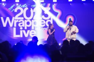 Harriet Rose and Big Zuu celebrate 2023 at Spotify Wrapped Live in London featuring performances from Sam Smith, Charli XCX, Chase & Status, and more on November 30, 2023