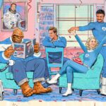 Artwork of the Fantastic Four movie, featuring illustrations of The Thing, Johnny Storm, Sue Storm, Reed Richards, and HERBIE the robot.