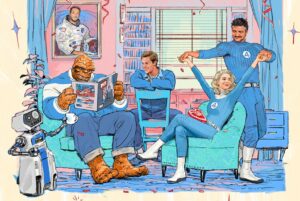 Artwork of the Fantastic Four movie, featuring illustrations of The Thing, Johnny Storm, Sue Storm, Reed Richards, and HERBIE the robot.