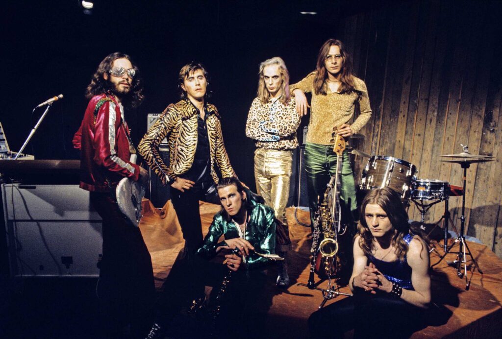 Roxy Music posed group shot in 1972 at the Royal College Of Art video studio in London