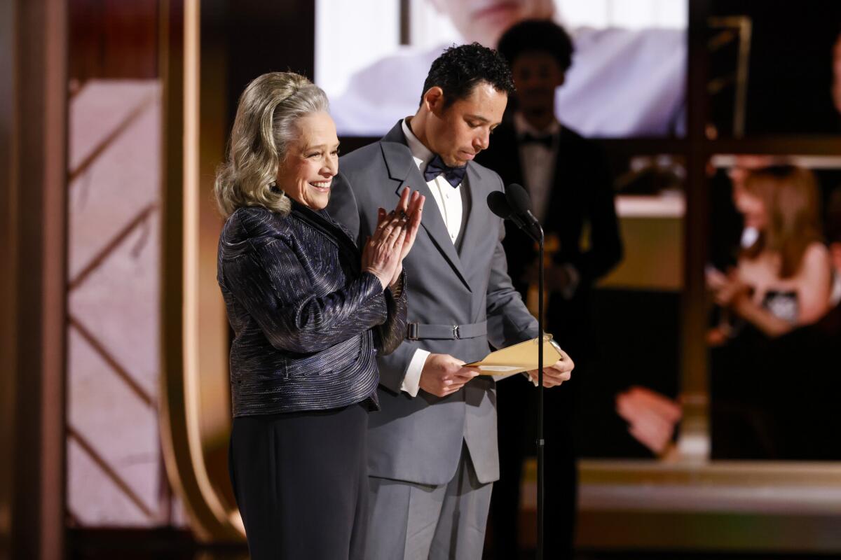 Kathy Bates and Anthony Ramos onstage at the 82nd Golden Globe Awards.