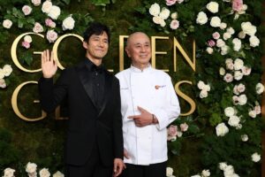 Chef Nobu Matsuhisa, right, with actor Hidetoshi Nishijima, on the red carpet at the Golden Globe Awards on Sunday.