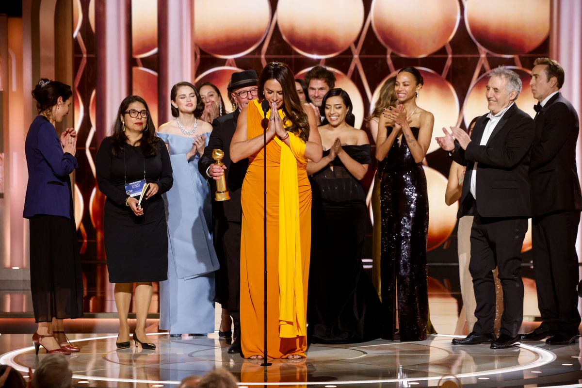 BEVERLY HILLS, CALIFORNIA - JANUARY 05: Karla SofÃ­a GascÃ³n accepts the award for Motion Picture - Musical or Comedy at the 82nd Annual Golden Globe Awards at The Beverly Hilton on January 05, 2025 in Beverly Hills, California. (Photo by Sonja Flemming/CBS via Getty Images)