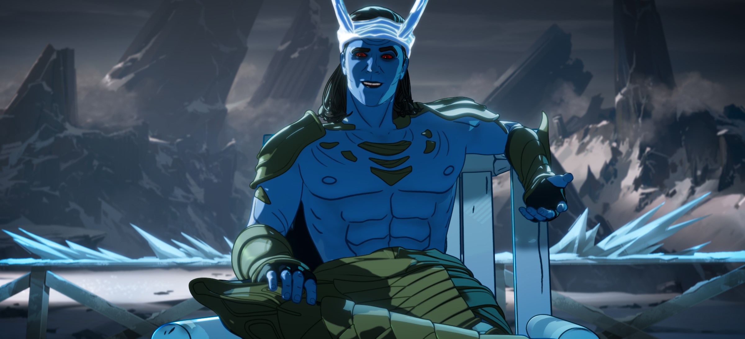 Loki from “What If…?” as a blue-skinned, red-eyed, bare-chested frost giant