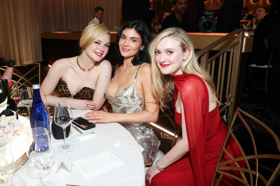 (L-R) Elle Fanning, Kylie Jenner and Dakota Fanning attend the 82nd Annual Golden Globe Awards