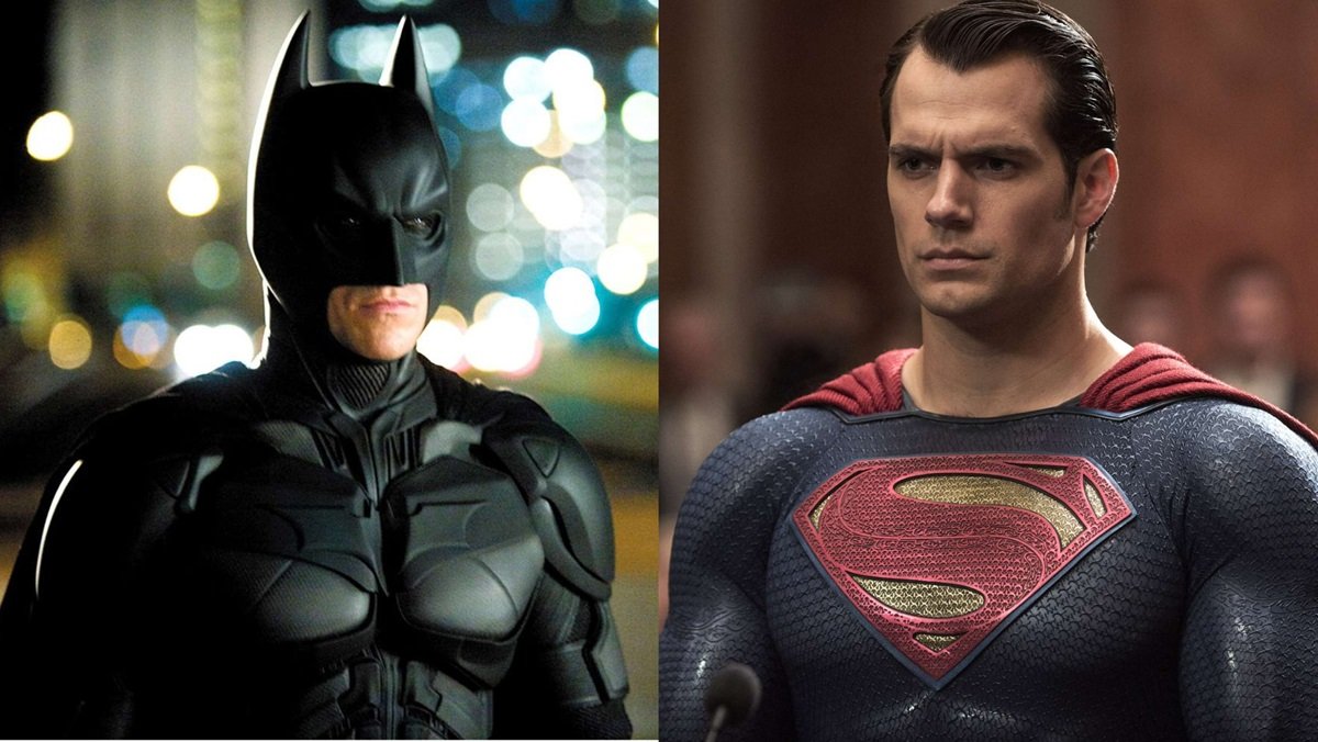 (L) Christan Bale as Batman in The Dark Knight (R) Henry Cavill as Superman in Batman v. Superman: Dawn of Justice.