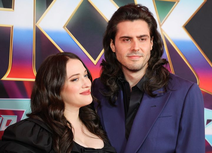 Kat Dennings and Andrew W.K. at the Marvel Studios' "Thor: Love and Thunder" premiere on June 23, 2022, in Hollywood.