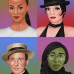 Illustrations of Zoe Saldana, Liza Minelli, Cynthia Erivo, Bing Crosby