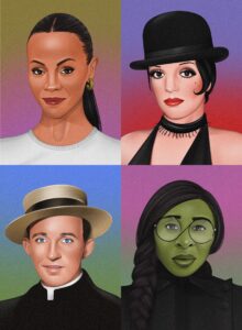 Illustrations of Zoe Saldana, Liza Minelli, Cynthia Erivo, Bing Crosby