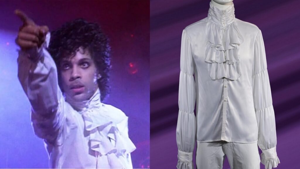 Prince performing in Purple Rain (L) and his iconic ruffled shirt from the film (R).