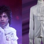 Prince performing in Purple Rain (L) and his iconic ruffled shirt from the film (R).