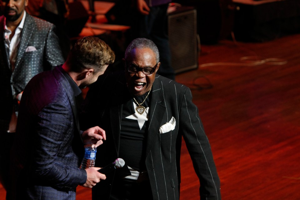 Sam Moore, right, with Justin Timberlake attends the Memphis Music Hall of Fame Induction Ceremony in 2015