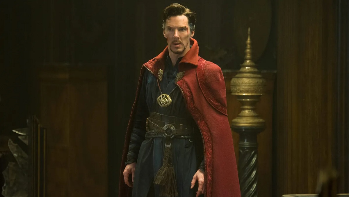 Doctor Strange stands wearing his trademark red sidekick, the Cloak of Levitation.