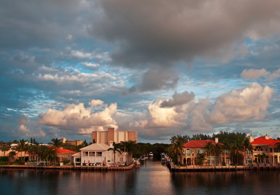 Houses on the Intercoastal Waterway in Delray Beach at sunset.