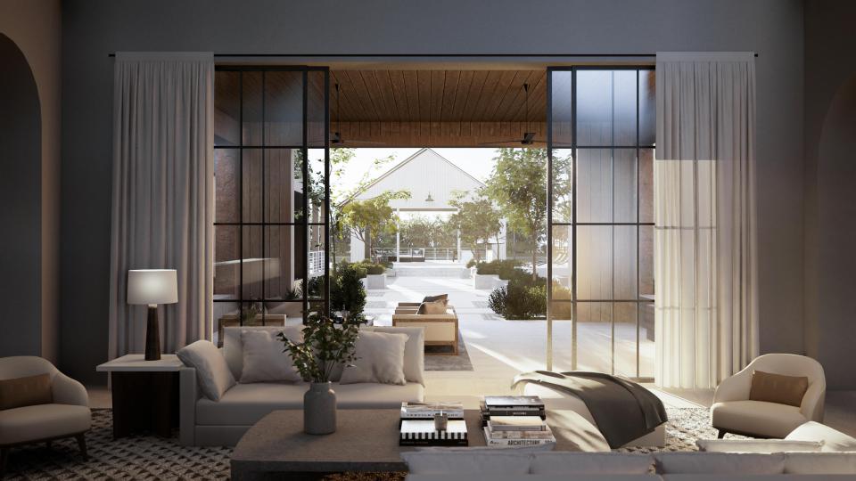 Illustration of a living room with glass doors opening to a patio and backyard.