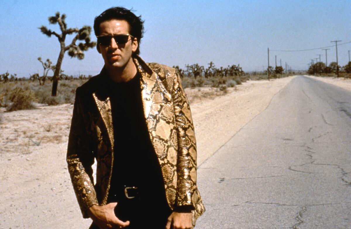 A man in a snakeskin jacket walks in a desert.