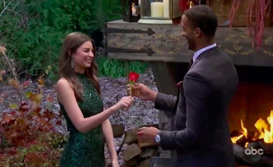 Matt James giving Rachael Kirkconnell a rose on The Bachelor.