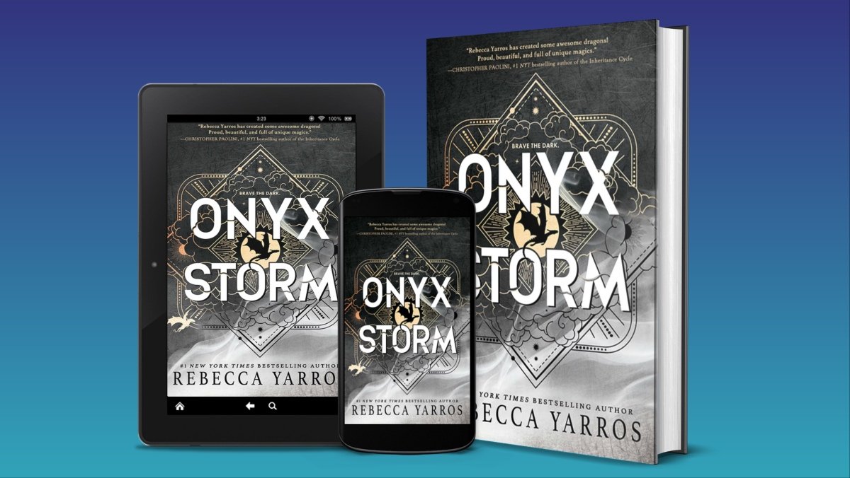 The new Fourth Wing book and third in the series Onyx Storm in tablet, ebook, and book form