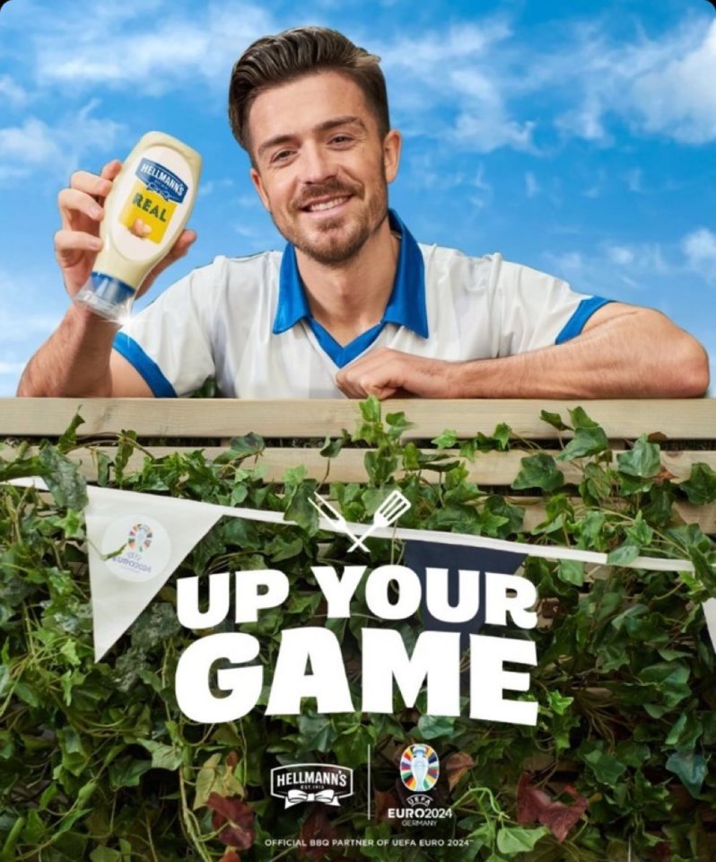 Jack Grealish holding a Hellmann's mayonnaise bottle; "Up Your Game" with UEFA Euro 2024 logo.