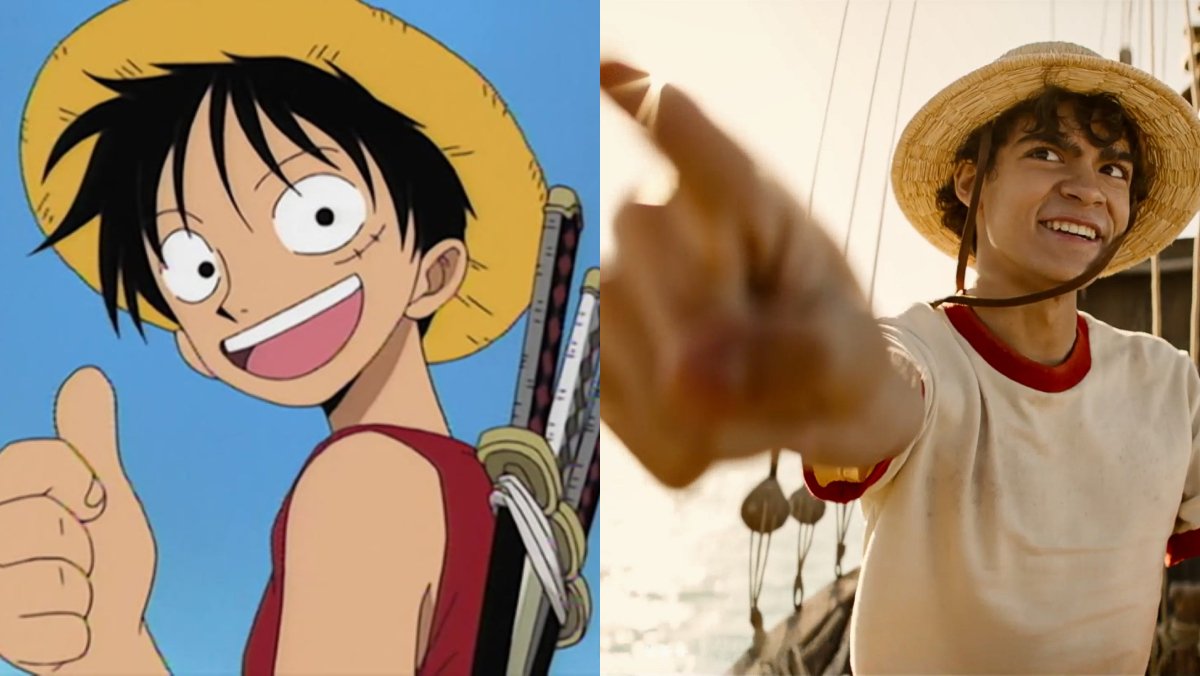 Split image of animated and live action Moneky Luffy for Netflix One Piece