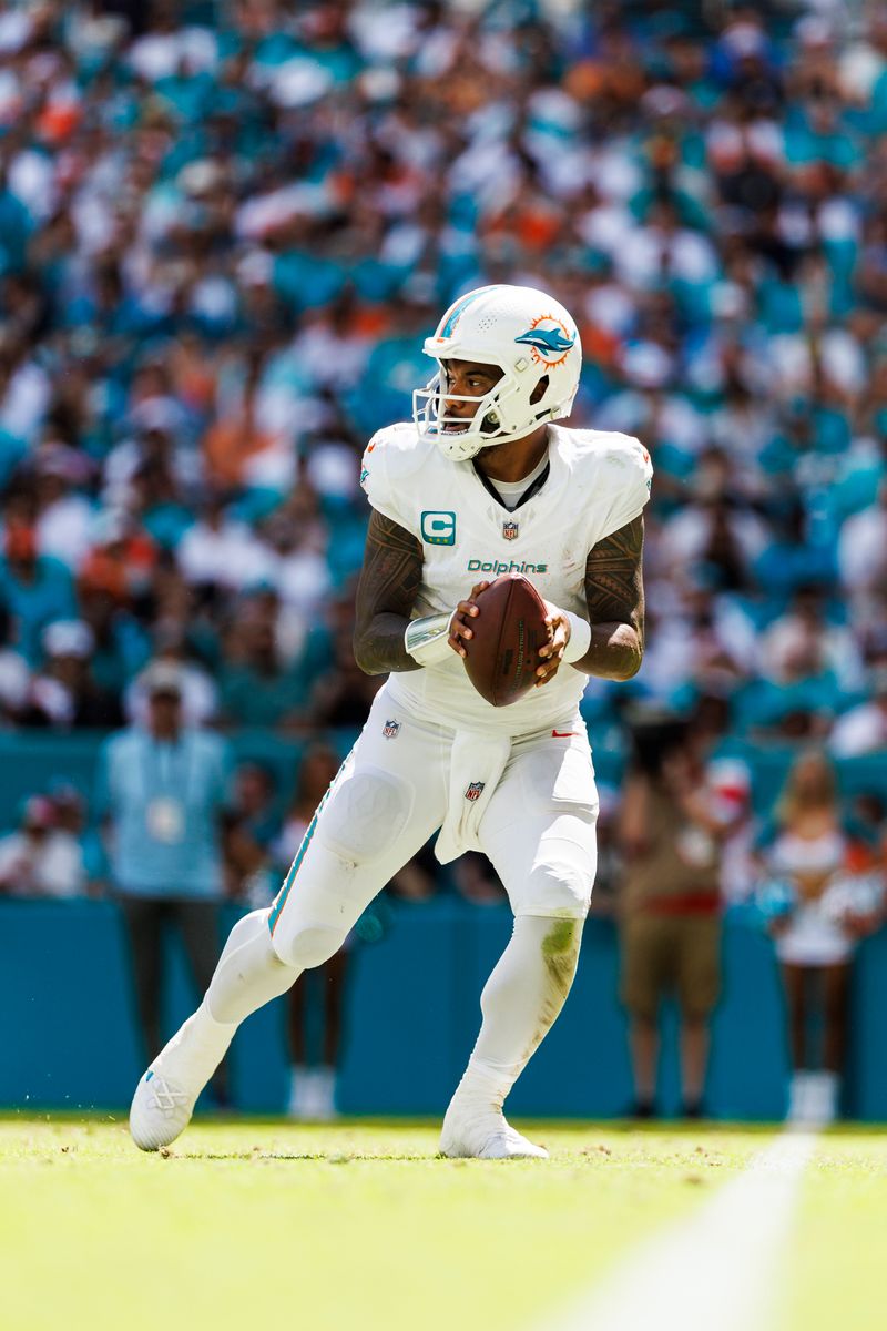 Quarterback Tua Tagovailoa #1 of the Miami Dolphins looks to pass during the second half of a game against the Jacksonville Jaguars on September 08, 2024